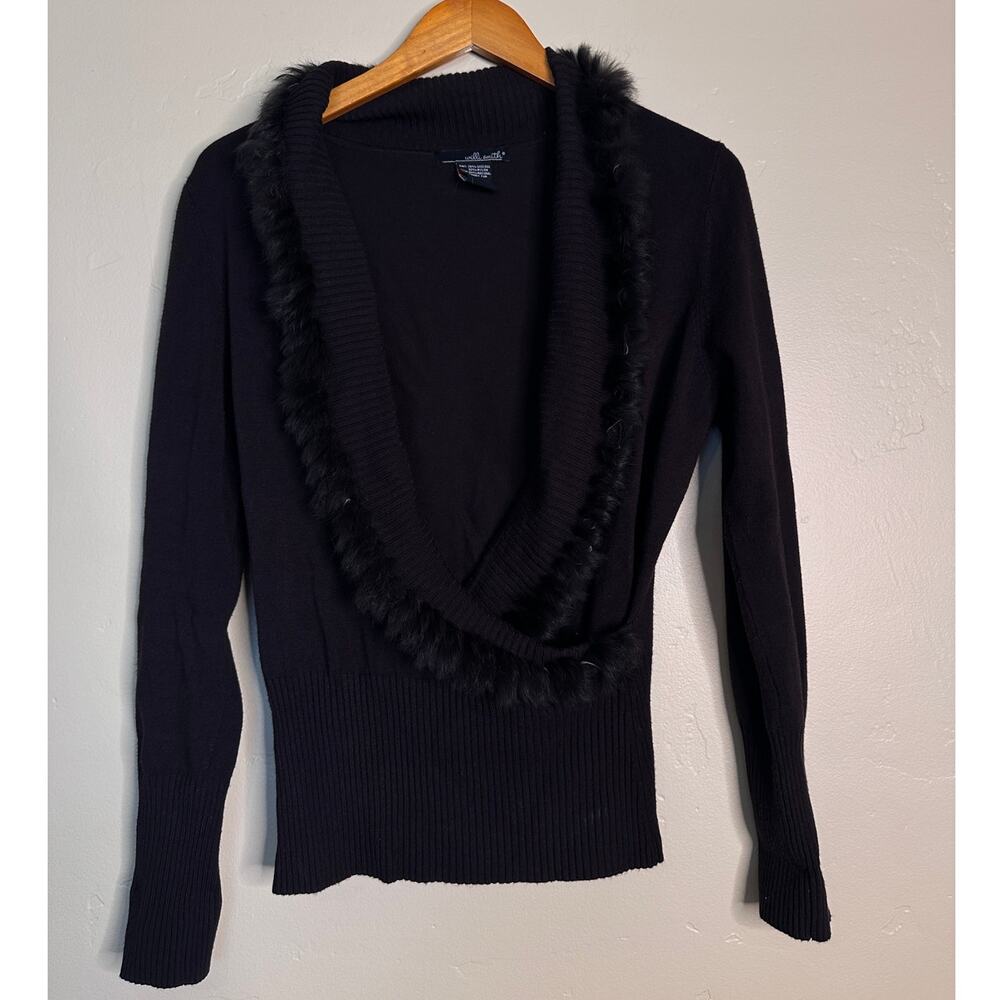 Willi Smith Black Criss Cross Sweater with Rabbit Fur Trim